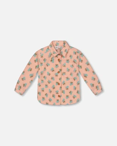 Deux Par Deux Kids'  Little Girl's Printed Polar Fleece Shirt Peach With Blue Flowers In Printed Flowers