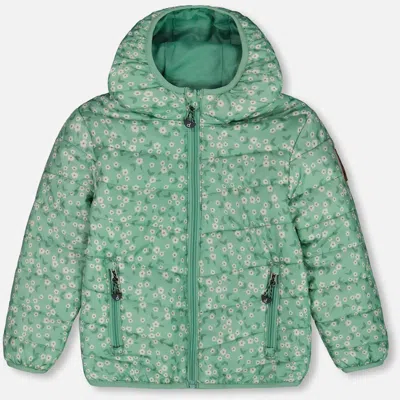 Deux Par Deux Babies'  Little Girl's Printed Quilted Mid-season Jacket Small White Flowers On Sage Green Back