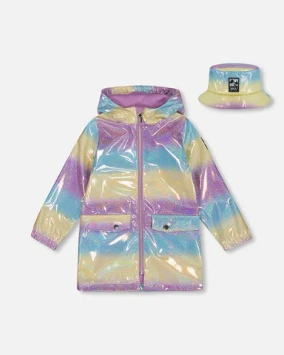 Deux Par Deux Babies'  Little Girl's Printed Rain Coat With Hat Mauve Blue And Yellow Glitter Gradient