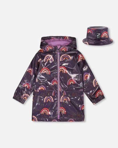 DEUX PAR DEUX DEUX PAR DEUX LITTLE GIRL'S PRINTED RAIN COAT WITH HAT RAINBOW ON SHINY BACKGROUND