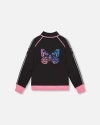 Deux Par Deux Little Girl's Printed Reversible Full Zip Athletic Cardigan Pink, Blue And Butterflies In Pink, Blue And Butterflies