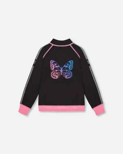 Deux Par Deux Babies'  Little Girl's Printed Reversible Full Zip Athletic Cardigan Pink, Blue And Butterflies
