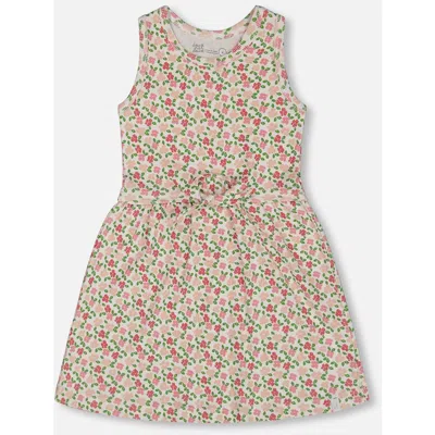 Deux Par Deux Babies'  Little Girl's Printed Ribbed Dress With Waist Tie Small Flowers On White Background