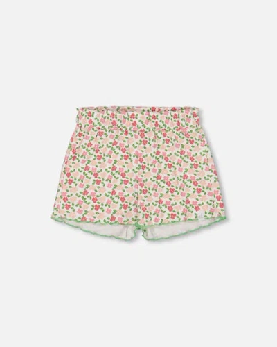 Deux Par Deux Babies'  Little Girl's Printed Ribbed Short Small Flowers On White Background