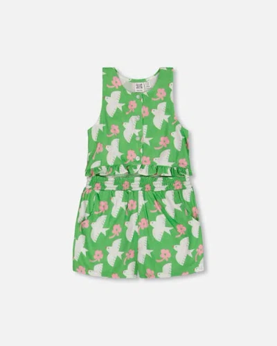 Deux Par Deux Babies'  Little Girl's Printed Romper With Frills Green With White And Pink Bird