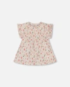 Deux Par Deux Little Girl's Printed Seersucker Blouse With Frills Pink Flowers On Cream Background In Pink Flowers On Cream