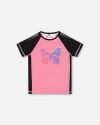 Deux Par Deux Little Girl's Printed Short Sleeve Athletic Top Pink With Butterflies In Pink And Butterflies Printed