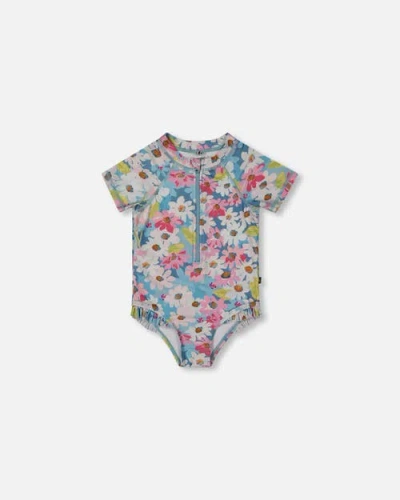 Deux Par Deux Babies'  Little Girl's Printed Short Sleeve One-piece Swimsuit With Frills White, Pink, And Gre In White, Pink, And Green Flowers