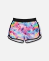 Deux Par Deux Little Girl's Printed Swim Shorts Butterflies On Multicolored And Black Background In Multicolored And Black