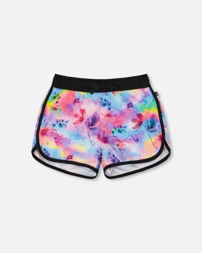 Deux Par Deux Babies'  Little Girl's Printed Swim Shorts Butterflies On Multicolored And Black Background