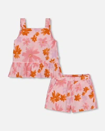 Deux Par Deux Babies'  Little Girl's Printed Tank Top And Short Muslin Set With Frills Pink And Coral Flowers