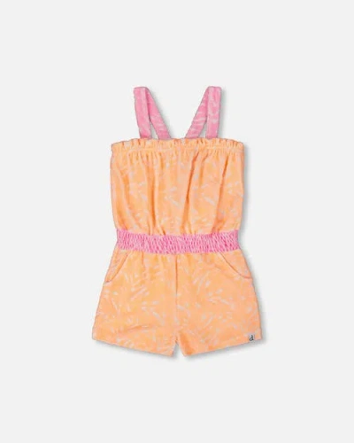 DEUX PAR DEUX DEUX PAR DEUX LITTLE GIRL'S PRINTED TERRY CLOTH ROMPER VIBRANT ORANGE AND WHITE