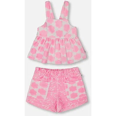 Deux Par Deux Kids'  Little Girl's Printed Terry Tank Top And Shorts Set Vibrant Pink And White