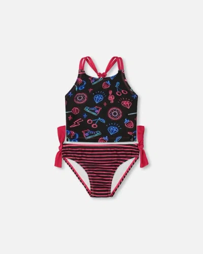 DEUX PAR DEUX DEUX PAR DEUX LITTLE GIRL'S PRINTED TWO-PIECE SWIMSUIT BLACK AND BLUE AND PINK ITEMS