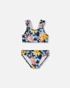 Deux Par Deux Little Girl's Printed Two-piece Swimsuit Navy And Yellow And Pink Flowers In Navy Yellow And Pink Flowers