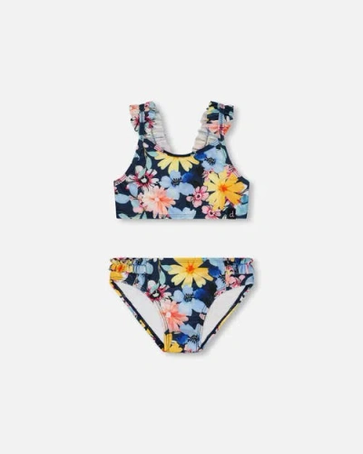 Deux Par Deux Babies'  Little Girl's Printed Two-piece Swimsuit Navy And Yellow And Pink Flowers In Navy Yellow And Pink Flowers