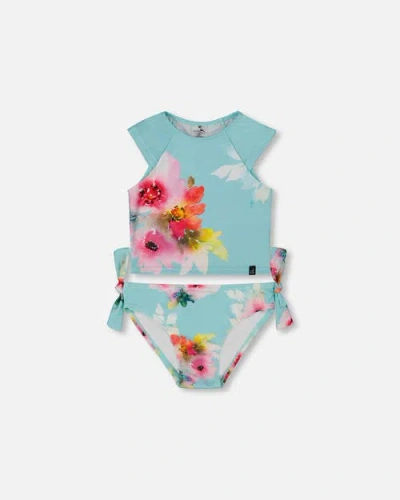 Deux Par Deux Babies'  Little Girl's Printed Two-piece Swimsuit Turquoise And Pink Flowers