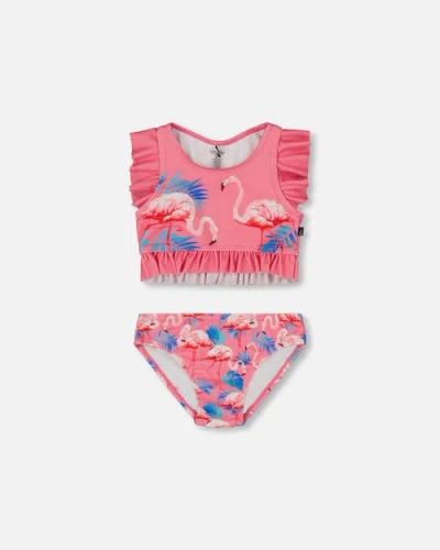 DEUX PAR DEUX DEUX PAR DEUX LITTLE GIRL'S PRINTED TWO-PIECE SWIMSUIT WITH FRILLS CANDY PINK AND PINK FLAMINGO