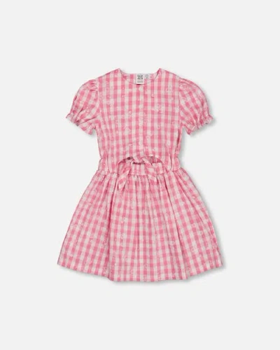 Deux Par Deux Babies'  Little Girl's Puff Sleeve Dress With Waist Tie Pink And White Checks