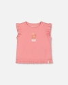 Deux Par Deux Little Girl's Rib Tank Top With Frills Coral Pink In Coral Pink