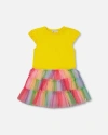 Deux Par Deux Girl's Short Sleeve Dress With Ruffle Tulle Skirt Multicolored In Multicolored