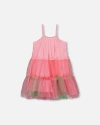 Deux Par Deux Little Girl's Sleeveless Color Block Tulle Dress Pink And Green In Pink And Green