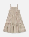 Deux Par Deux Little Girl's Sleeveless Linen Dress White And Sage Striped In White And Sage Striped