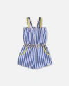 Deux Par Deux Little Girl's Sleeveless Seersucker Romper Blue And White Striped In Blue And White Striped