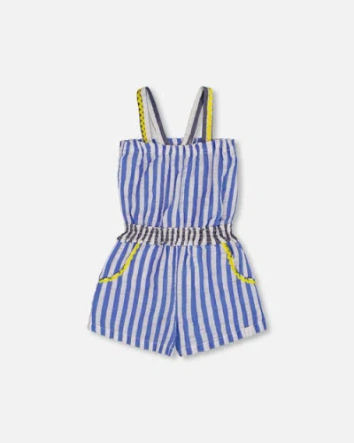 Deux Par Deux Kids'  Little Girl's Sleeveless Seersucker Romper Blue And White Striped