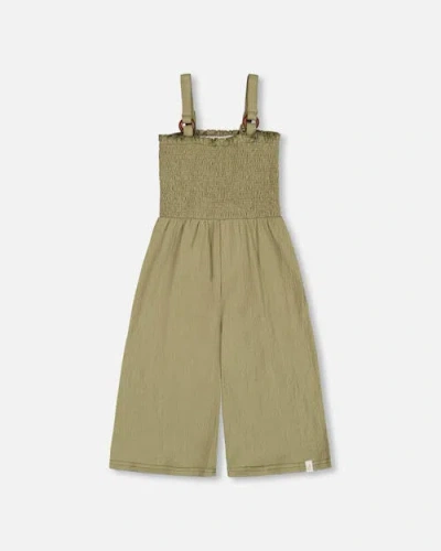 Deux Par Deux Kids'  Little Girl's Smocked Crinkle Jersey Jumpsuit Olive Green