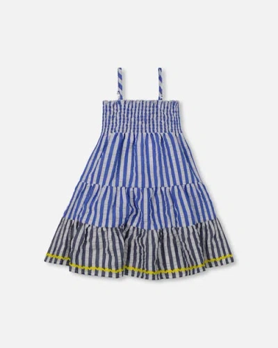 Deux Par Deux Babies'  Little Girl's Smocked Seersucker Peasant Dress Blue And White Striped