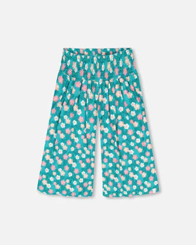 Deux Par Deux Kids' Little Girl's Smocked Waist Viscose Crop Wide Leg Pant Turquoise In Printed Small Ibiscus