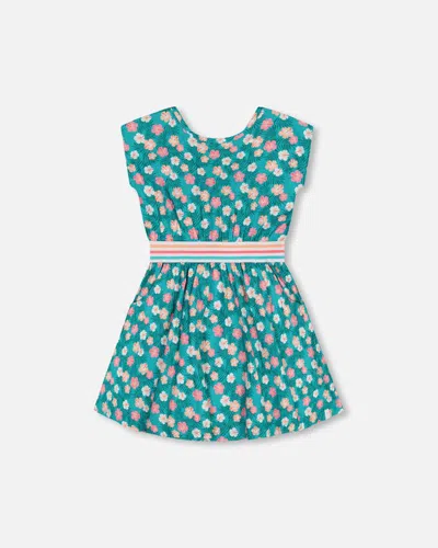 Deux Par Deux Kids'  Little Girl's Striped Elastic Waist Viscose Dress Turquoise Printed In Printed Small Ibiscus