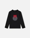 Deux Par Deux Little Girl's T-shirt With Frill And Print Black In Anthracite