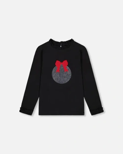 Deux Par Deux Babies'  Little Girl's T-shirt With Frill And Print Black In Anthracite