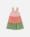 Deux Par Deux Little Girl's Tiered Color Block Peasant Dress Peach Pink And Green In Peach Pink And Green