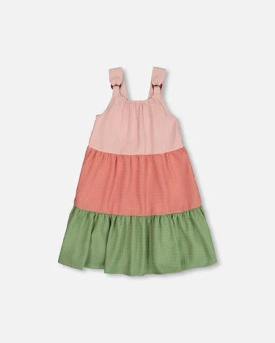 Deux Par Deux Babies'  Little Girl's Tiered Color Block Peasant Dress Peach Pink And Green