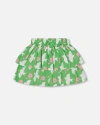 Deux Par Deux Little Girl's Tiered Elastic Waist Skirt Green With White And Pink Bird In Green With White And Pink Bird