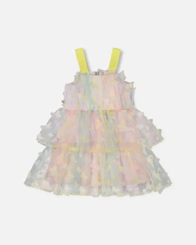 Deux Par Deux Kids'  Little Girl's Tiered Printed Mesh Dress Multicolored With Butterflies