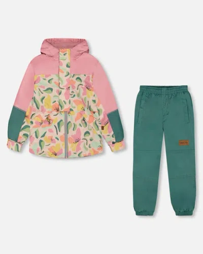 Deux Par Deux Kids'  Little Girl's Two-piece Mid-season Outerwear Set Sage, Pink, And Flowers On Beige In Sage Pink And Flowers On Beige