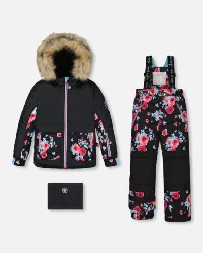 Deux Par Deux Kids'  Little Girl's Two Piece Snowsuit Black Printed Roses