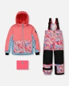 DEUX PAR DEUX DEUX PAR DEUX LITTLE GIRL'S TWO PIECE SNOWSUIT COLORBLOCK CORAL AND AIR BLUE WITH PRINTED MARBLE