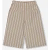 Deux Par Deux Little Girl's Wide Leg Capri Linen Pant White And Sage Striped In White And Sage Striped