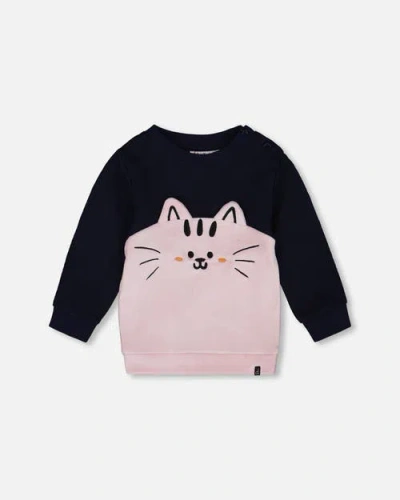 Deux Par Deux Babies'  Long Bi-material Top With Cat In Blue