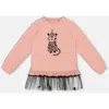 Deux Par Deux Long Bi-material Top With Mesh Ruffle Hem And Leopard In Pink
