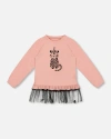 Deux Par Deux Long Bi-material Top With Mesh Ruffle Hem And Leopard In Pink