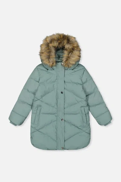 Deux Par Deux Kids'  Long Fleece Lined Diamond Quilted Winter Puffer Coat In Green