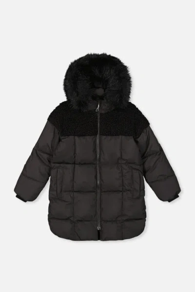 Deux Par Deux Kids'  Long Fleece Lined Faux Fur Hood Winter Puffer Coat In Black