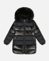 Deux Par Deux Kids'  Long Metallic Puffy Coat In Black