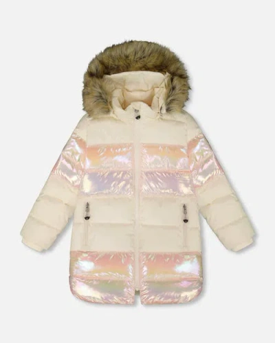 Deux Par Deux Kids'  Long Metallic Puffy Winter Coat In White
